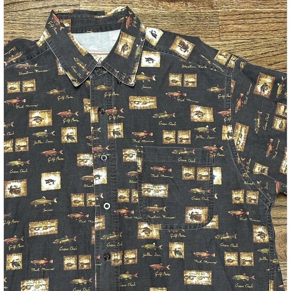 Vintage Woolrich Men's Graphic Fish All Over Print Black Button-Up Shirt Sz L